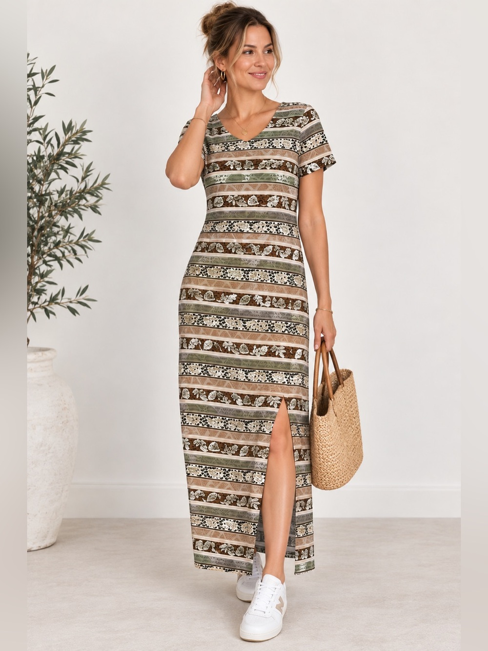 Vintage Kathie Lee Collection 90s Green Cream Maxi Dress Small
